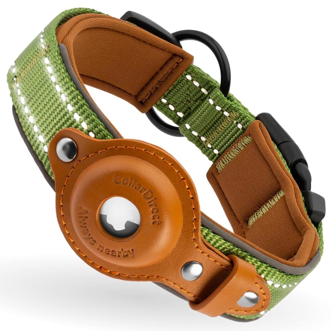 Airtag Dog Collar, CollarDirect, Reflective Dog Collar for Apple Air Tag for Large, Medium, and Small Dogs, Black, Green, Pink (L, Green) (Large 16.5"-20")