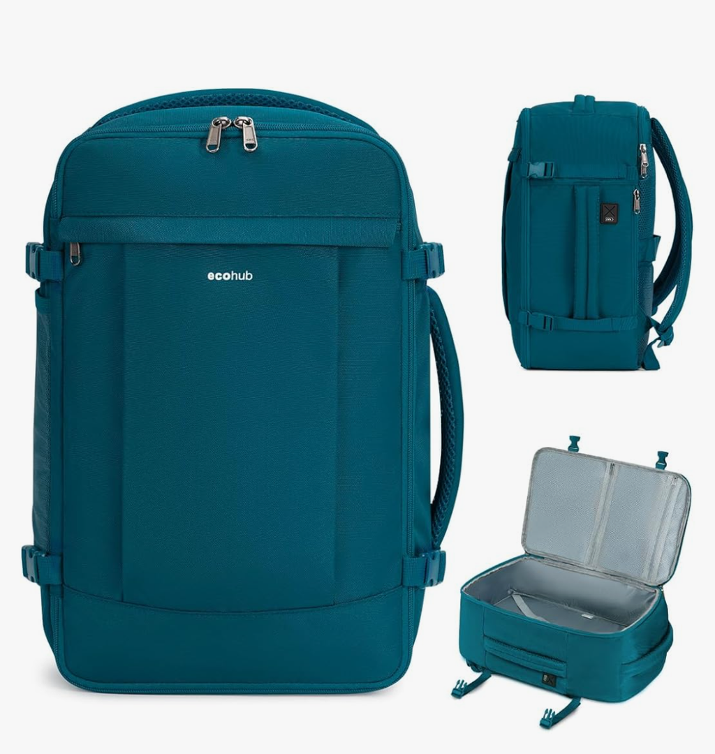 ECOHUB Travel Backpack for Men Women, Carry on Backpack with USB Charging Hole, Spirit Airlines Personal Item Bag Flight Approved, 15.6 Inch Laptop Backpack with Anti Theft Pockets, 30L, Blue Green