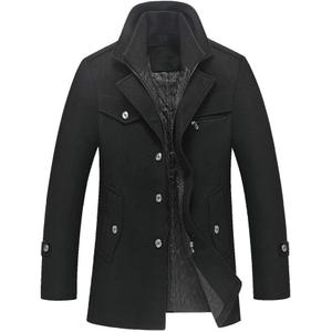 Tebreux Men's Winter Pea Coat Slim Fit Single Breasted Short Wool Jacket Woolen Trench Coat (Black, M)