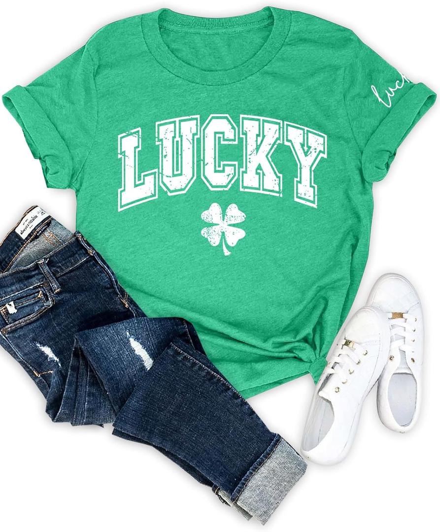 For G and PL Women's St. Patrick's Shirt Green Crewneck Short Sleeve Tee Tops (Medium, Lucky Letter)