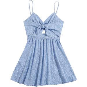 Floerns Women's Boho Floral Print Twist Front Cami A Line Mini Dress Bonnie Blue, Small