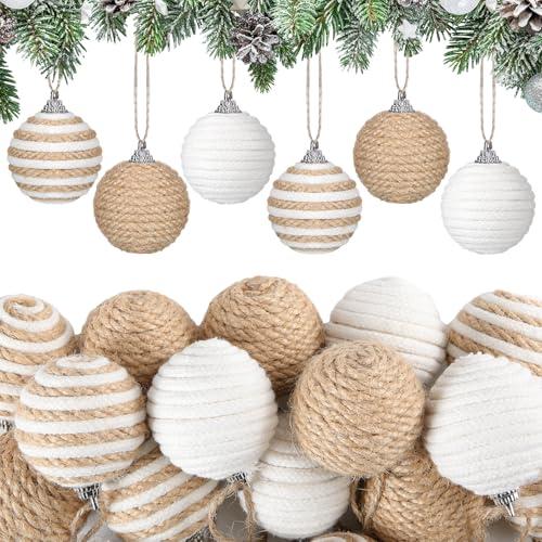 Syhood 18 Pcs 1.57 Inch Mini Christmas Ball Ornaments Boho Farmhouse Jute Rope Hanging Balls Burlap Neutral Rustic Ornaments for Xmas Tree Holiday Wreath Garland Wedding Home