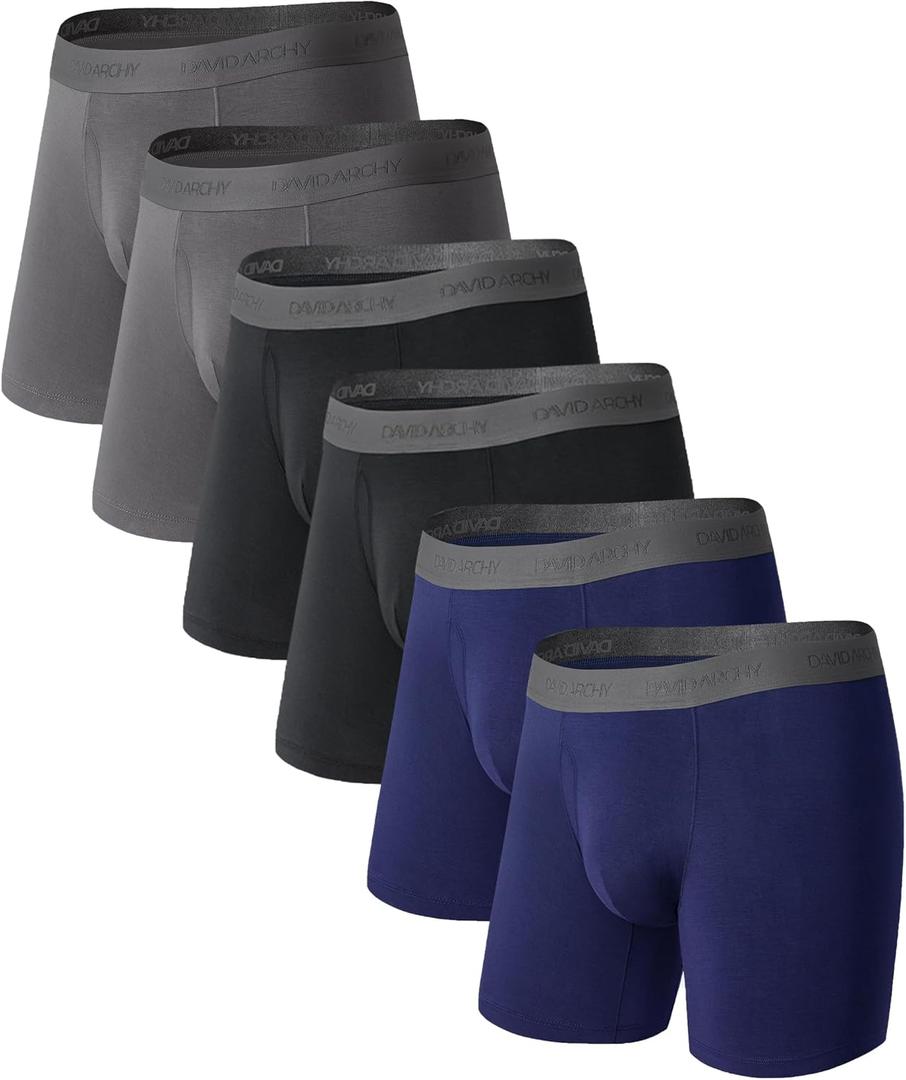 DAVID ARCHY Mens Underwear Boxer Briefs Breathable Soft Moisture-Wicking with Fly Underwear for Men Multipack (B, Black/Dark Gray/Navy Blue-6.5"in 6 Pack)