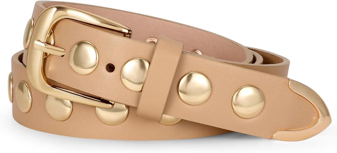 WERFORU Women Fashion Leather Belt Studded Leather Belt Ladies Belts for Jeans Dress Punk Belt (25"-30" Waist Adjustable, Khaki)