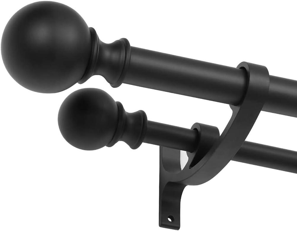 Double Curtain Rods 48 to 84 Inch, Matte Black, Decorative With Round Finials for Window, 1-Inch Front and 5/8 Inch Back Rod