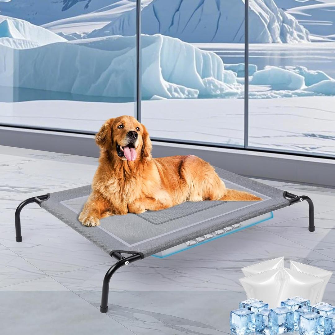 42'' Outdoor Elevated Dog Bed with Four Ice Pack, Raised Dogs Bed Medium Large Size Dogs, Breathable Cooling Dog Cot Beds with Six Support Feet, Outdoor Dog Hammock Bed, Outside Pet Bed(Medium)