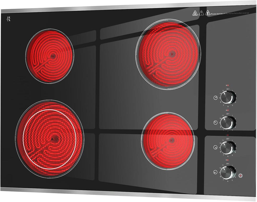 Electric Cooktop 30 inch 4 Burner, 6700W Built-in Radiant Electric Stove Top with Knob Control, Electric Ceramic Stove Cooktop with 11 Level Power Adjustable, 220-240V, Hard Wire, 4 Zones / 30 Inch / No Plug / Knob