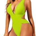 Sexy One Piece Swimsuit,Plunge Backless Color Block Swimsuits for Women,High Cut Scrunch Butt Monokini Beach Pool (Large, Plain Green)