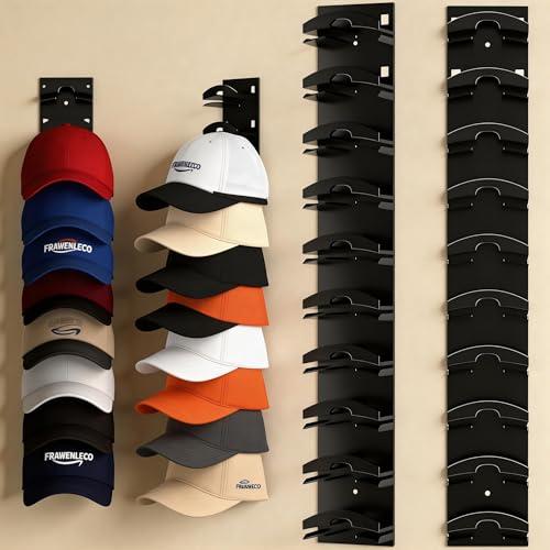 FRAWENLECO Hat Organizer for Baseball Caps, 2 Pack Wall-Mounted Cap Rack with Strong Adhesive & Screws, Space Saving Storage for Door, Closet, Holds up to 20 Hats(Black)