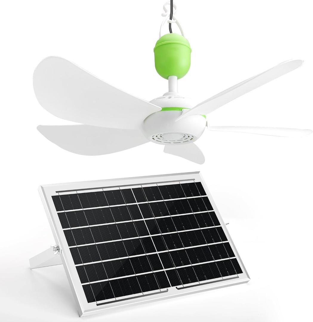 blessny Small Solar Ceiling Fan for Gazebo, 15W Solar Powered Hanging Mini Ceiling Fan for Chicken Coop, Greenhouse, Shed, Patio