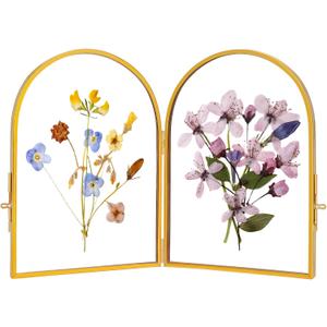REDHUGO Double Glass Frame for Pressed Flowers Handmade, Pressed Flower Frame, Hinged Tabletop Brass Photo Frames, Dried Flower Display Folding Picture Frame for Home, ArcShaped, Gold, 46 Inches