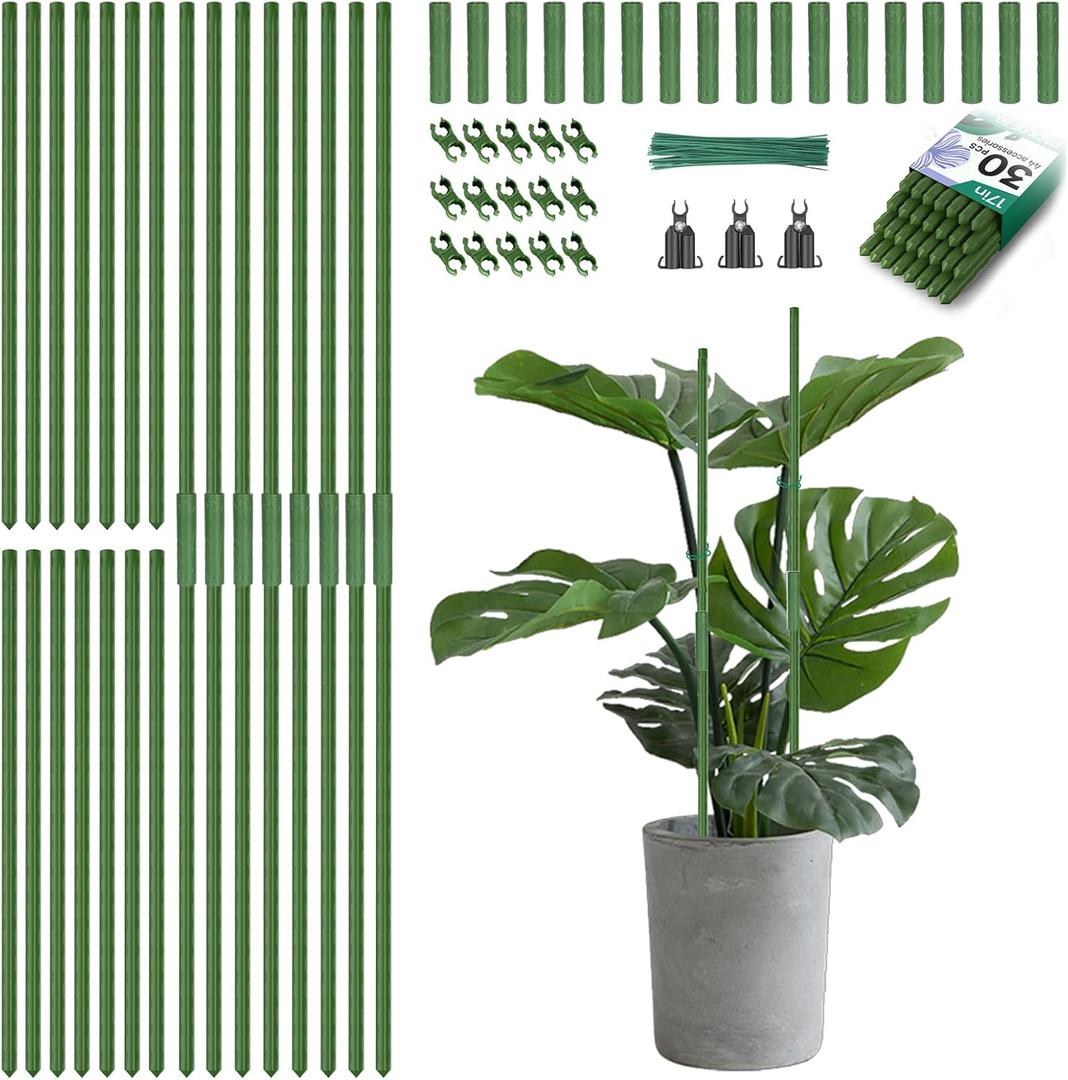 Breeze Touch Garden Trellis for Climbing Plants Outdoor, 30 Pack 17" Tomato Stakes Set with Clips & Connectors, Garden Plant Stakes, Tomato Frame, Cucumber Trellis for Raised Bed & Potted Plants