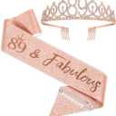 BRT Bearingshui 89th Birthday Sash and Tiara for Woman, Rose Gold Birthday Sash Crown 89 Fabulous Sash and Tiara for Woman, 89th Birthday Gifts for Happy 89th Birthday Party Favor Supplies