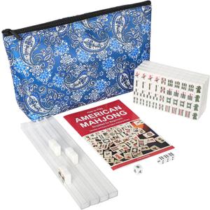 Mini Mahjong Set, American Mahjong Game Set with 166 White Tiles (0.8), 4 Racks & Thickened Blue Printed Bag, Portable Travel Mahjong Tiles Set