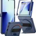 SURITCH for Samsung Galaxy Z Flip7 Case with 360 Rotatable Hand Strap Phone Grip Holder & Invisible Kickstand & Screen Protector, Protective Cover for Flip 7 -Dark Blue