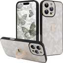 for iPhone 16 Pro Max Case with Finger Strap Holder, Cute Cool Butterfly Print Pattern Design for Women Men, Shockproof Anti Scratch Hand Kickstand Protective Cover, White