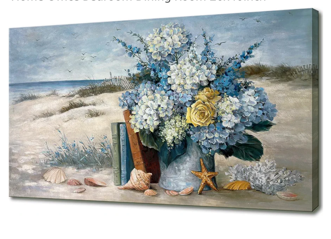 Coastal Blue Flower Wall Art for Living Room Beach Floral Canvas Print Modern Hydrangea Flowers Picture Ocean Theme Seascape Print Painting Hanging for Home Office Bedroom Dining Room 20x40inch