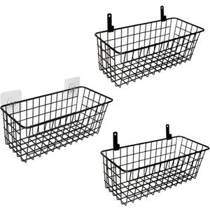 Joben Oligey 3 Set Hanging Wire Baskets ,Wall Mount Fruit Basket, No Drilling, Adhesive Small Metal Basket, Farmhouse Food Storage Mesh Bin Kitchen Pantry Laundry Bathroom Closet Garage RV ,Black