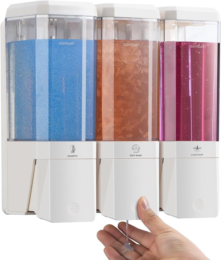 Shampoo and Conditioner Dispenser, Glint Gath Shower Dispenser 3 Chamber No Drill Shampoo Dispenser for Shower Wall Mounted Shower Soap Dispenser for Bathroom Hotel, Large Capacity 3 * 500ML, White