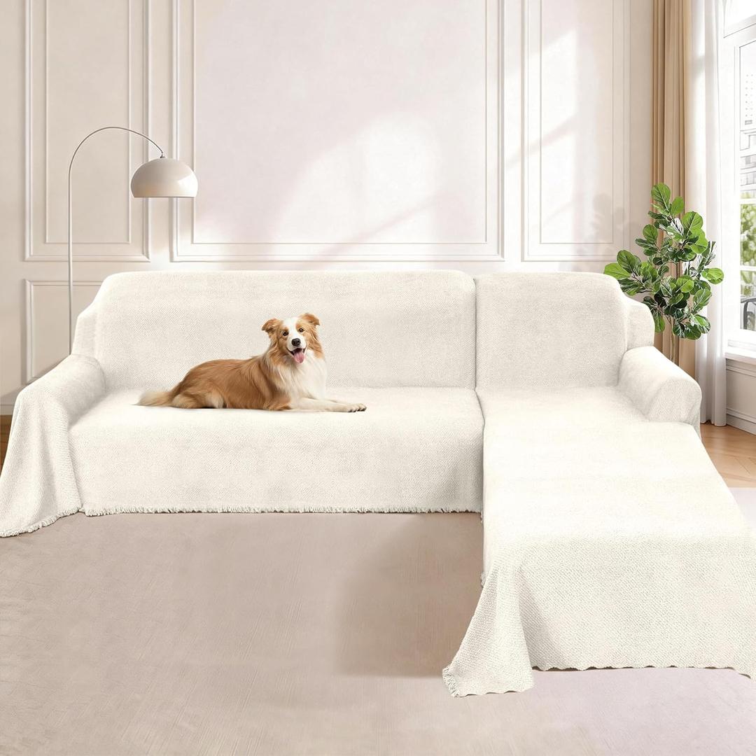 Arfntevss 2 Pieces Sectional Couch Covers for Dogs Washable Sectional Sofa Cover L Shape, Plush Fleece Pet Furniture Protector (X-Large, 71" x 118" + 71" x 118", Cream White)