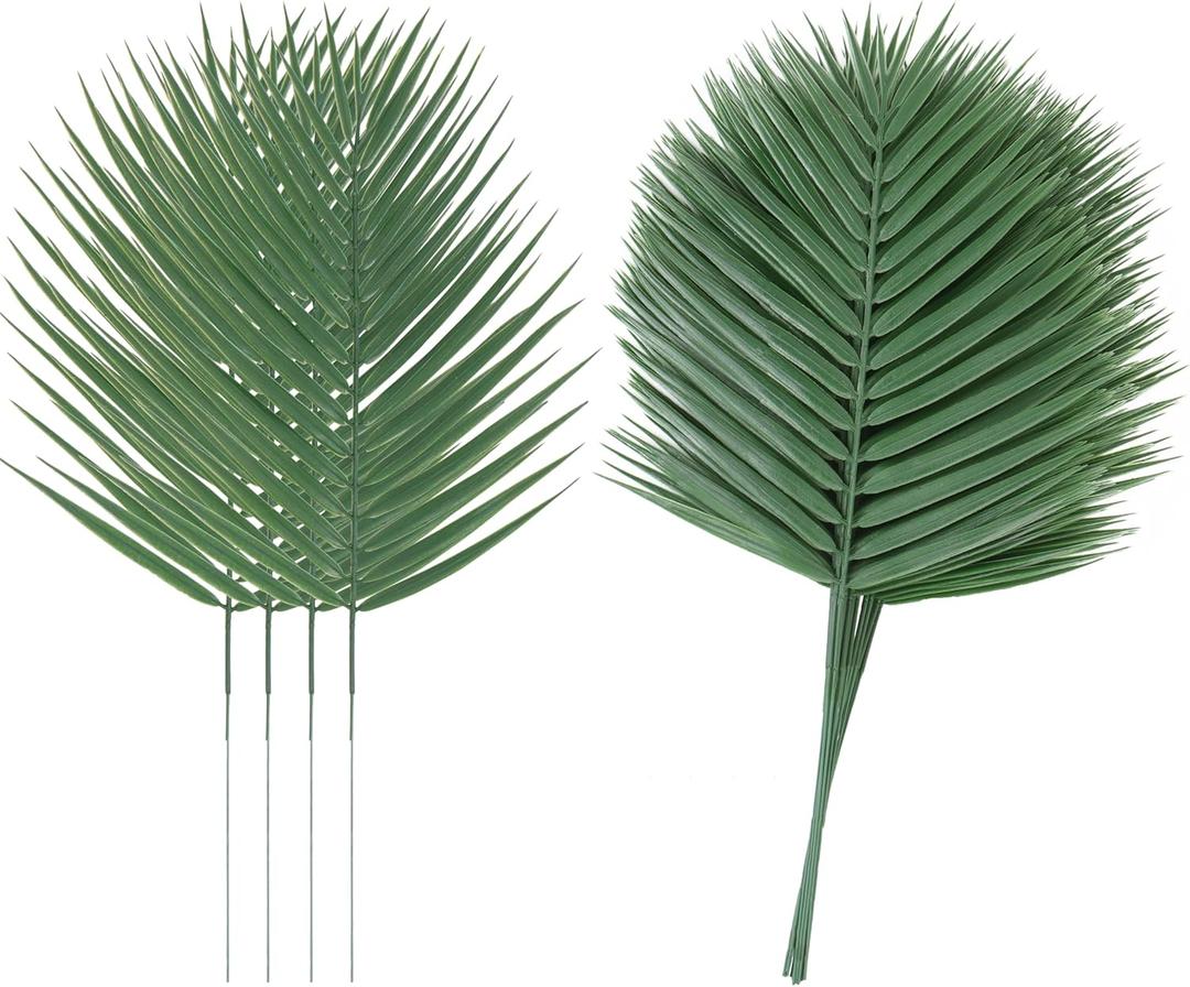 Abzo 20 Pcs Artificial Palm Leaves Stems Greenery Tropical Palm Leaves Faux Monstera Leaves Plant for Palm Sunday Flower Arrangement Home Kitchen Party Table Decor, Wedding Birthday Theme Parties.