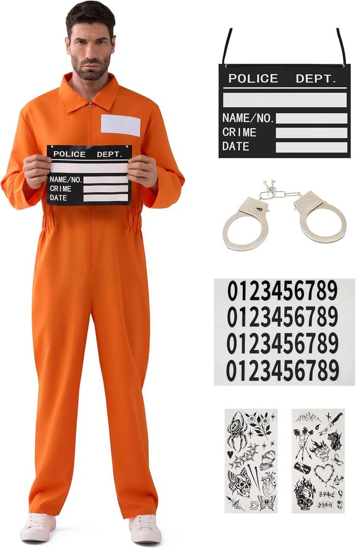 Spooktacular Creations Prisoner Costume Men, Orange Jumpsuit, Jail Inmate Accessories Set, Halloween Costumes for Men 2025 (S)