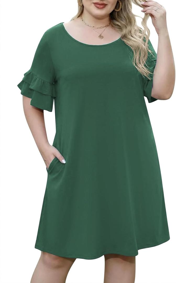 Nemidor Plus Size Casual Dresses for Curvy Women Summer Ruffle Sleeve T-Shirt Swing Mini Dress with Pocket 14-26 (Green)