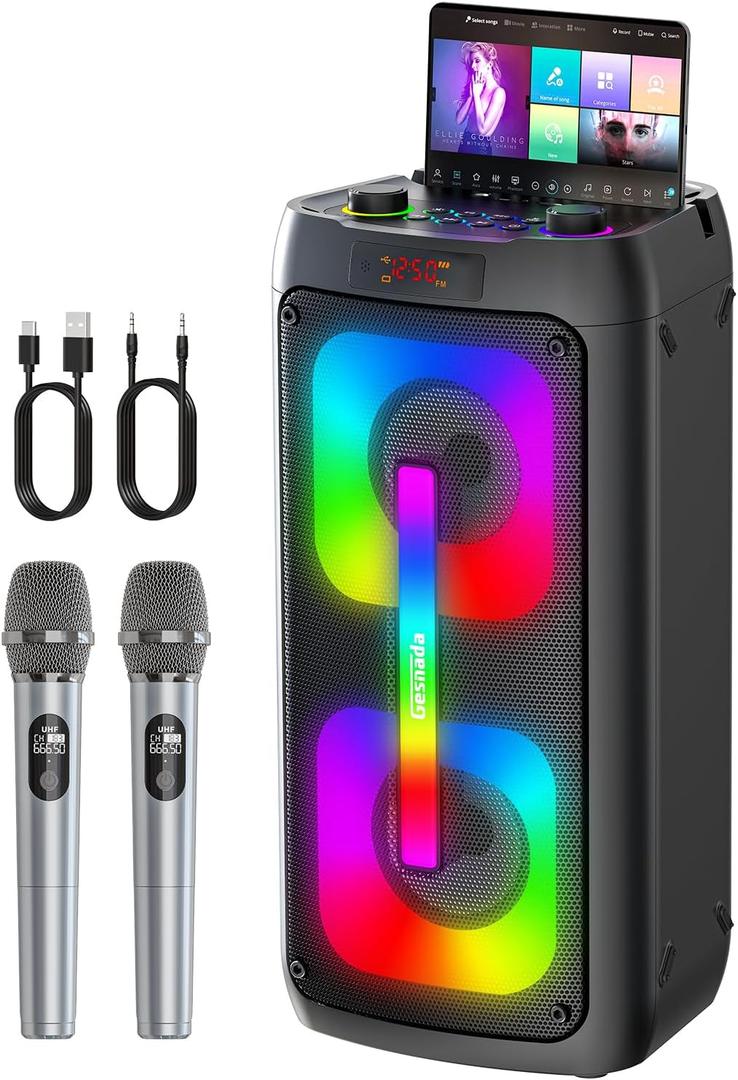 Karaoke Machine for Adults, Portable Bluetooth Speaker with 2 Wireless Microphones, Portable PA System with Disco Lights for Big Party, Outdoor, Ideal Gifts for Family, Music Lover