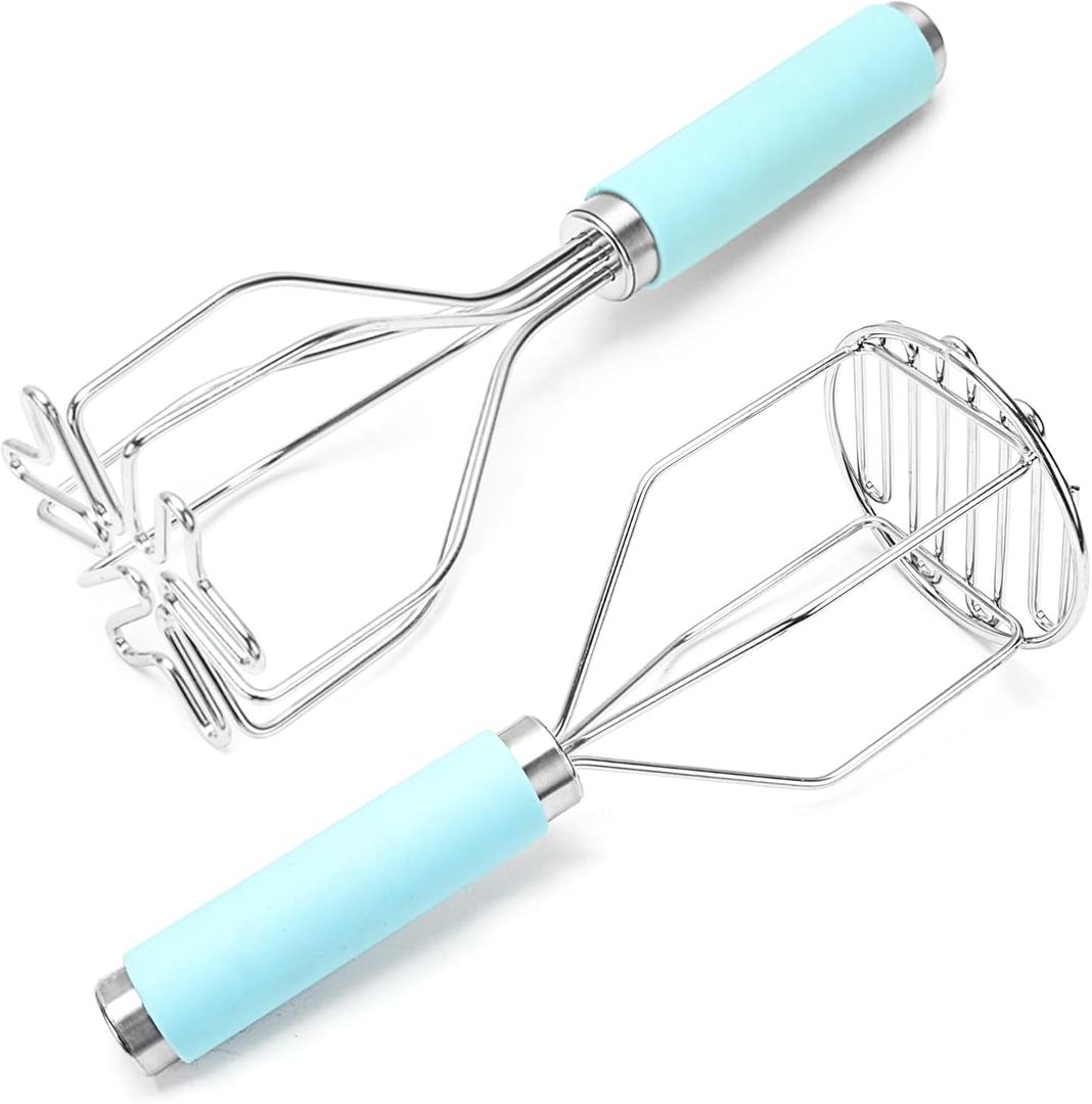 2 PCS Potato Masher Stainless Steel Set, Heavy Duty Food Masher with Silicone Handle, 10in Professional Ricer for Smooth Mashed Potatoes, Dishwasher Safe