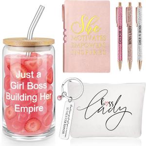 SiliFine Pink 7 Pcs Boss Gift Sets for Women Her Lady, Best Boss Appreciation Gift 16 oz Glass Cup Lady Makeup Bag Keychain A6 Notepad Ballpoints Pen for Female Leader Manager