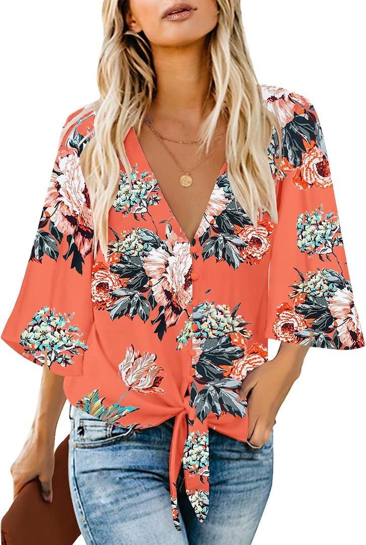 luvamia Women's Casual V Neck Tops 3/4 Sleeve Tie Knot Blouses Solid Button Down Shirts, Medium
