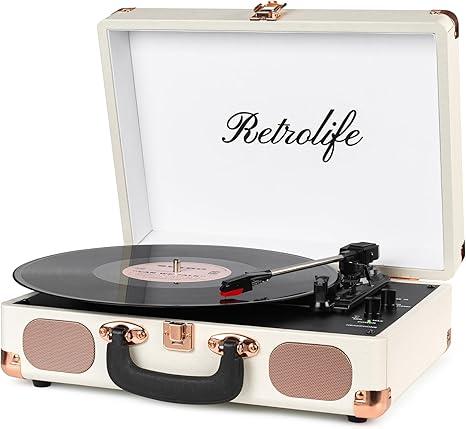 Turntable Vinyl Record Player 3-Speed Suitcase Portable Belt-Driven Record Player with Built-in Speakers RCA Line Out AUX in Headphone Jack Vintage White