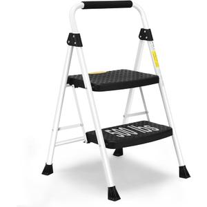 SocTone 2 Step Ladder, Folding Step Stool for Adults with Handle, Lightweight, Perfect for Kitchen& Household, 500lbs Capacity Sturdy Steel Ladder, White