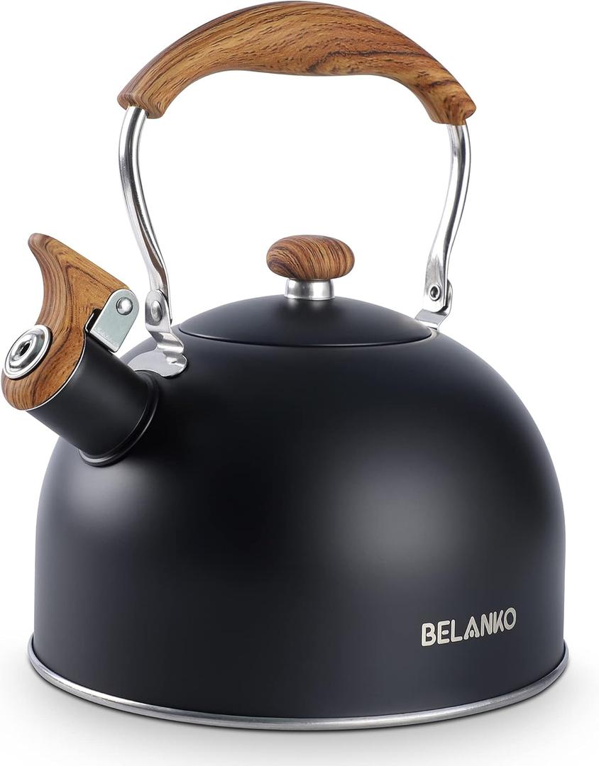 Tea Kettle, BELANKO 85 OZ / 2.5 Liter Whistling Tea Kettle, Tea Pots for Stove Top Food Grade Stainless Steel with Wood Pattern Folding Handle, Loud Whistle Kettle for Tea, Coffee, Milk  Black