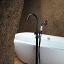 SITGES Solid Brass Freestanding Bathtub Faucet, Bathroom Floor Mount Tub Filler, Dual Function Double Cross Handles with Ceramic Hand shower, Matte Black