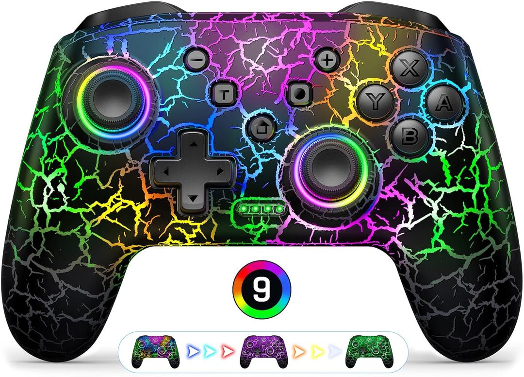 Gammeefy Switch Controller, Wireless Switch Pro Controller for Nintendo Switch/Switch 2/Lite/OLED, 9 Color Adjustable LED Switch Remote Compatible with PC/Android/IOS with Programmable Function (Black)