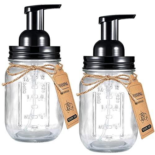 Amolliar Mason Jar Foaming Soap Dispenser, Plastic Pump Rustproof Stainless Steel Lid, Waterproof Label, Rustic Farmhouse Decor Hand Soap Dispenser, Dish Soap for Bathroom, Kitchen, Bath, Black 1 Pack