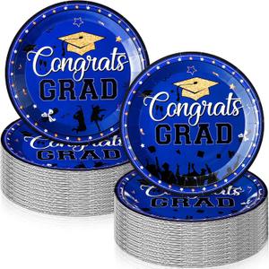 SiliFine 100 Pcs 2026 Graduation Cake Dessert Paper Plates Grad Decoration 7 Inch Small Disposable Plates Bulk Dinnerware for Congrats Grad Party Favors Supplies(Blue and Gold)