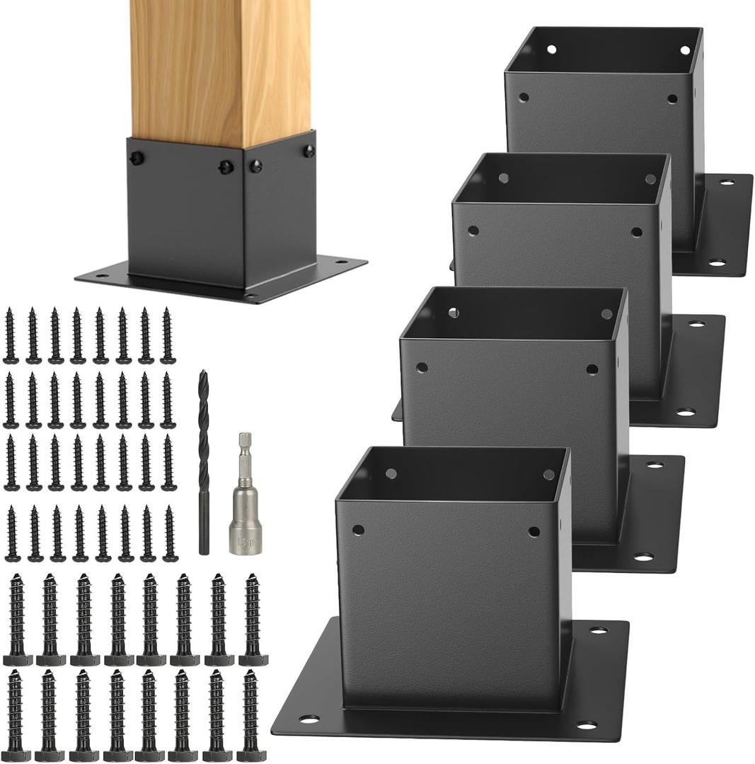 FUCNEN 4 x 4 Post Base 4 Pcs Square Brackets Kit Inner Size 3.6"X3.6" Deck Post Base Flange Standard Wood Post Stainless Steel Anchor Base for Porch Deck Handrail Fence Gate Railing Pergola Support