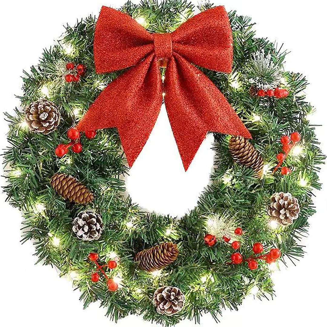 Christmas Wreath, Pre-Lit Artificial Christmas Wreath, Decorated with Pine Cones, Red Berries, Cotton, 50 LED Lights, for Indoor and Outdoor Christmas Decorations16 Inches (Bow Style) Christmas Wreath, Pre-Lit Artificial Christmas Wreath, Decorated with Pine Cones, Red Berries, Cotton, 50 LED Lights, for Indoor and Outdoor Christmas Decorations16 Inches (Bow Style)