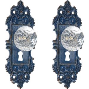 SOFFEE DESIGN 2pcs Vintage Cabinet Dresser Drawer Pulls, Distressed Closet Handles with Clear Resin Knob, Door Knobs for Cupboard, Kitchen Furniture - Blue, Glossy Blue Short 