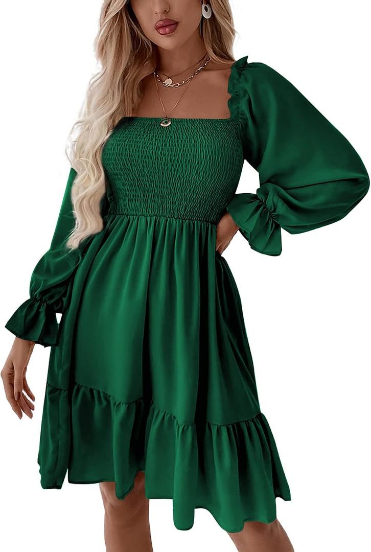 LYANER Women's Square Neck Lantern Long Sleeve Shirred Ruffle A Line Flowy Party Mini Dress (Green) Large