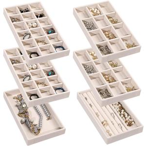 Frebeauty Jewelry Organizer Tray,Stackable Velvet Jewelry Trays,Drawer Inserts Earring Organizer For Women Jewelry Storage Display Case for Rings Stud Necklaces,Set of 6(Beige)