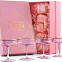 GLASSIQUE CADEAU Vintage Art Deco Blush Pink Coupe Glasses with Gold Rims | Set of 4 | 7 oz Crystal Ribbed Cocktail Glassware for Drinking Champagne, Martini, Cosmopolitan | Girly Speakeasy Saucers