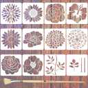 12PCS Large Flower Stencils for Painting on Wood 12 x 12 Inch Giant Wall Stencil with Brushes Large Pattern Floral Stencils Sunflower Paint Stencil for Walls Garden Fence Furniture Fabric