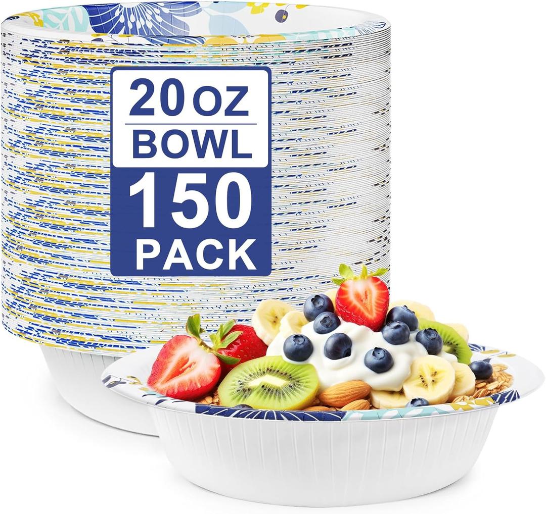 150 Packs Paper Bowls, 20 oz Disposable Bowls, Heavy Duty Paper Bowl for Hot Soup and Salad, Bulk Bowls for Party and Picnics
