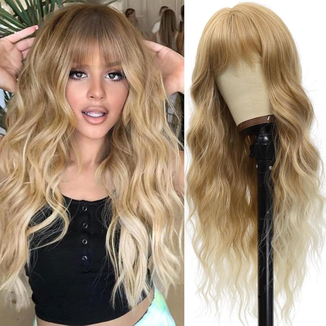 Vomella Blonde Wig With Bangs 26 Inch Long Curly Wavy Wigs for Women Natural Looking Synthetic Heat Resistant Wig for Daily Party Use