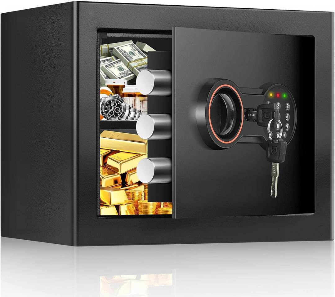 1.0 Cub Small Safe for Home, Mini Safe Box for College Dorm Room
9.8''Dx13.8''Wx9.8''H, Alarm System, LED Light, Wall/Floor Mountable Hidden Safes for Cash, Jewelry, Medicine