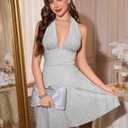 Sexy Deep V Neck Halter Glitter Bodycon Dress Sparkling Sleeveless Cocktail Party Mini Dress Backless Women's Evening Clubwear (US, Alpha, Large, Regular, Regular, Grey) (Gray, L)
