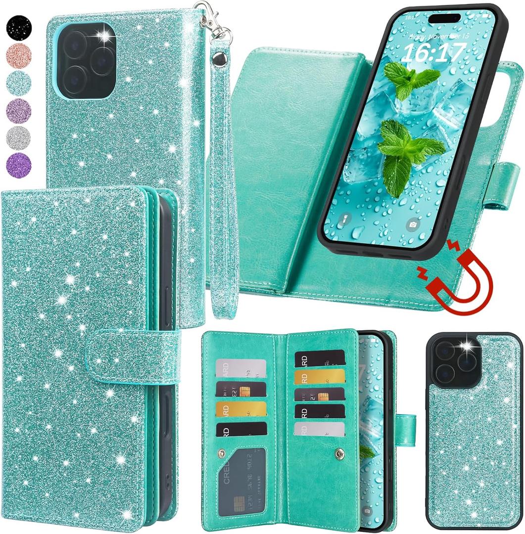Varikke for iPhone 16 Pro Max Wallet Case Detachable with RFID Blocking Card Holder for Women, Glitter Leather Strap Magnetic Flip Wallet Removable Phone Case for iPhone 16 Pro Max 6.9", Mint Green